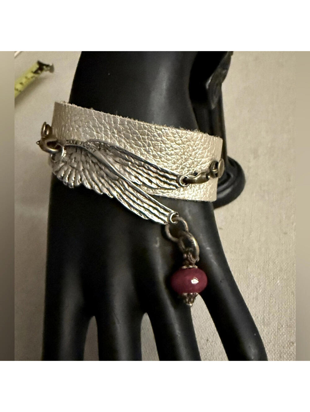 Angel Wings Leather Bracelet “Take Flight’w red bead charm. Vintage